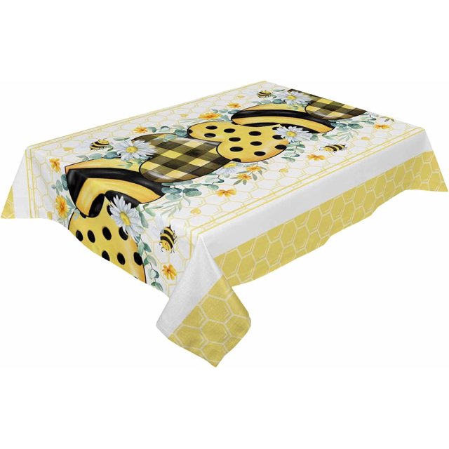 Bees Summer Tablecloth Rectangle Round Table Cloth 60x84 Inch, Honey Indoor or Outdoor Tablecloth, Stripes Yellow Waterproof Polyester Fabric Washable Table Cover for Party Holiday Picnic Decoration