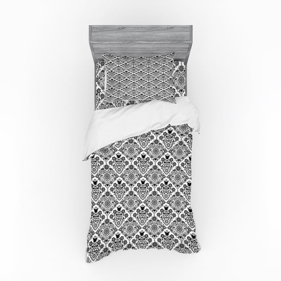 Ambesonne Floral Bedding Set 3 Pcs, Birds Flowers and Hearts, Twin XL, Charcoal Grey White