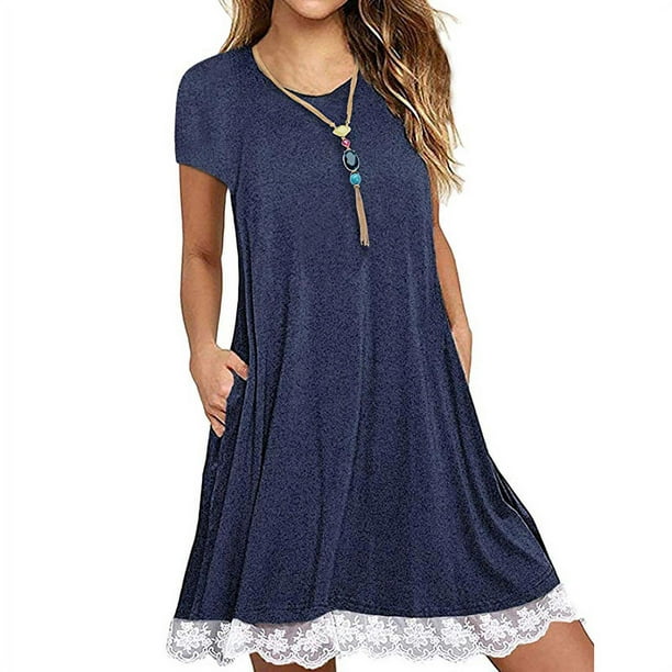 Women's Casual 3/4 Sleeve Lace Tunic Dress Summer T-Shirt Dress with ...