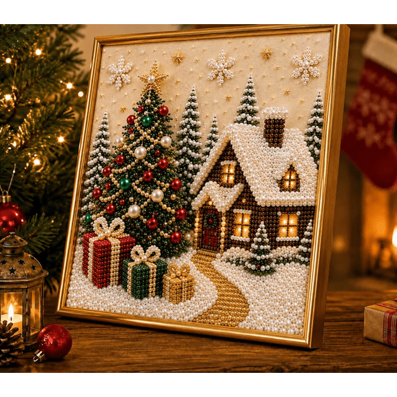 DIY Christmas Pearl Diamond Painting Art Kit with Frame, Christmas Pearl Beads Art Craft for Adults Beginner, Gemstone Diamond Dots Beads for Home Wall Decor (Cozy Christmas Cottage)