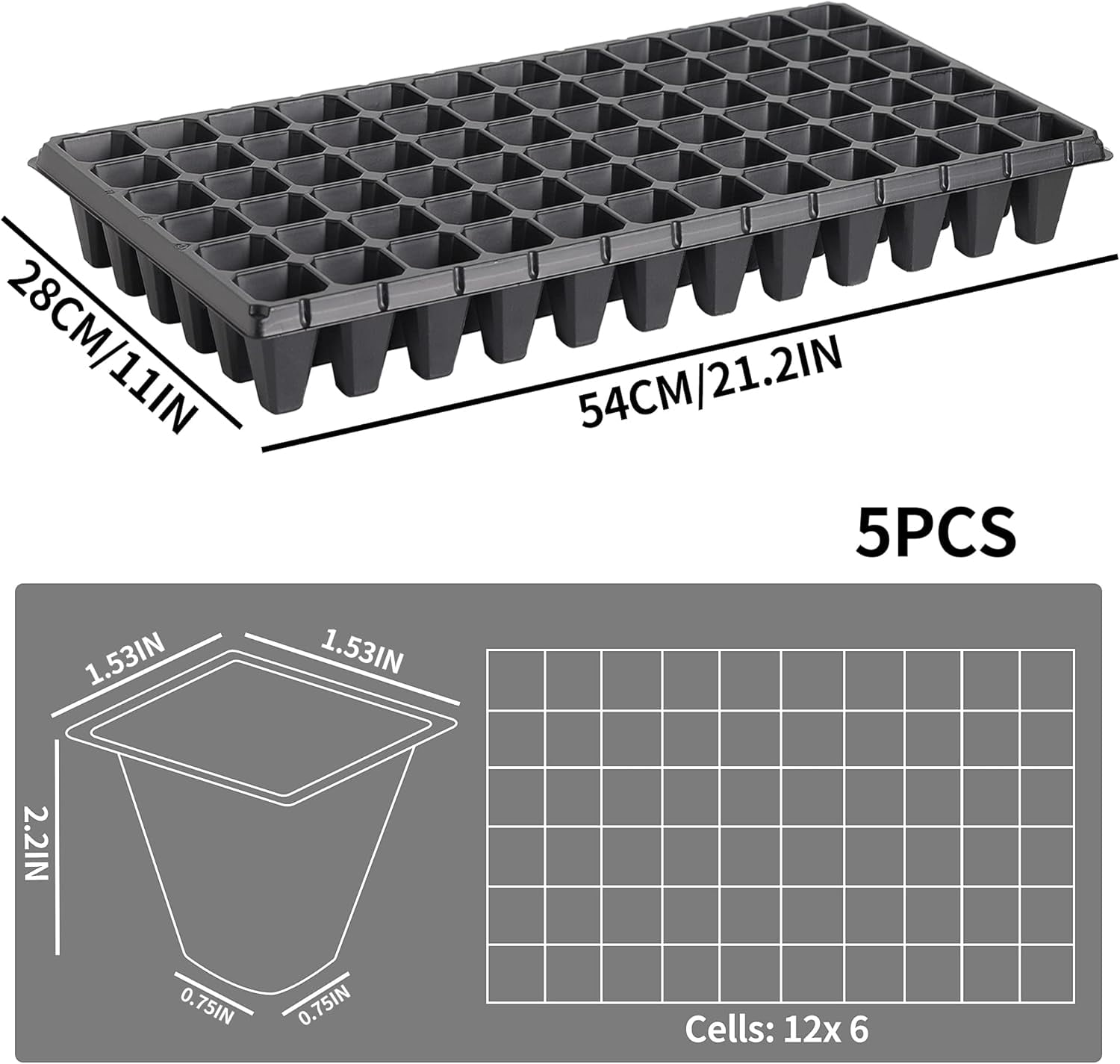 360 Cells 20×10 Inch Seedling Plug Trays - 5 PCS 54x28cm Reusable Seed Starter Container for Nursery Growing  Propagation Germination GDPL02S72A 【1.5"x1.5" Grid, 2.2" Depth】72 Grids/Tray