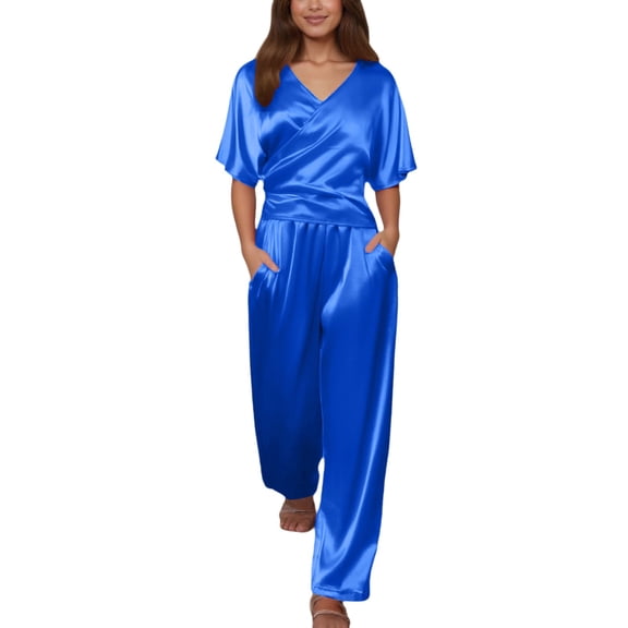 MDUKONU Women's Satin 2-Piece Set - V-Neck Wrap Tie Top & Cropped Wide Leg Pants Blue XXXL