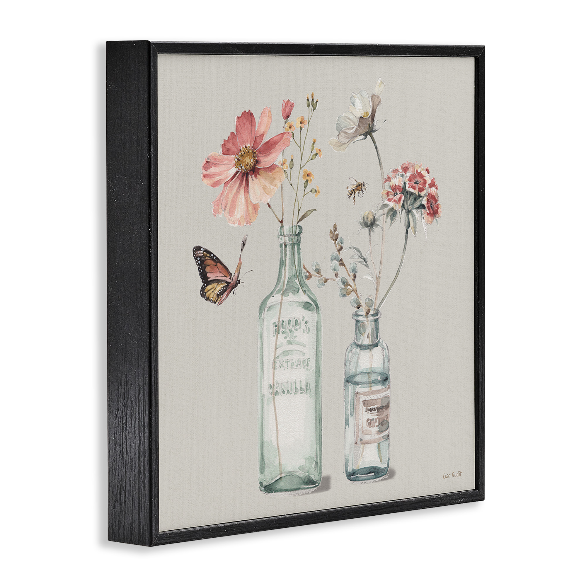 Stupell Industries Flower Jar Butterfly Painting Botanical & Floral Painting Black Framed Art Print Wall Art, 24 x 24
