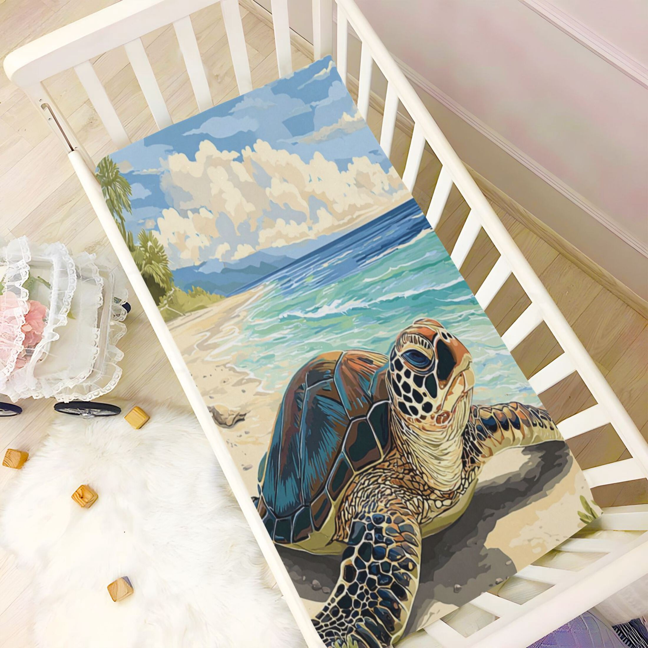 Baby Essentials 52”x 28”- Standard Cotton-like Modal Elastic- Illustration Of A Turtle Design Crib Sheets for Newborns and Toddlers