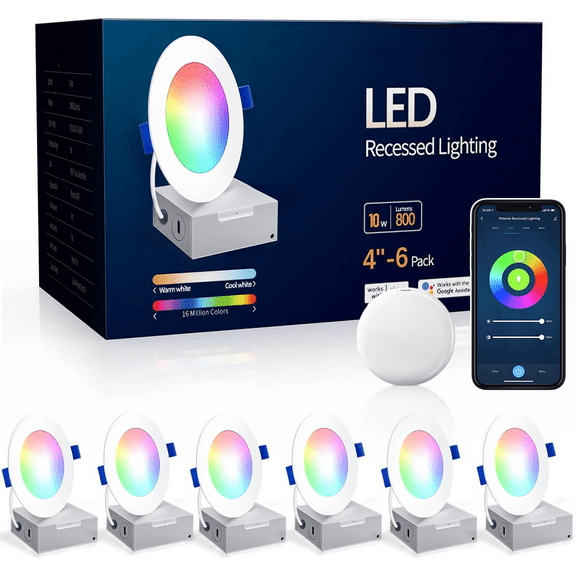 LED Smart Recessed Lighting 4 Inch Recessed Light IC Rated ETL Certified, Canless Ceiling Light RGBCW Color Changing Outdoor Soffit Downlight with J-Box for Alexa, 10W 800LM 6Pcs