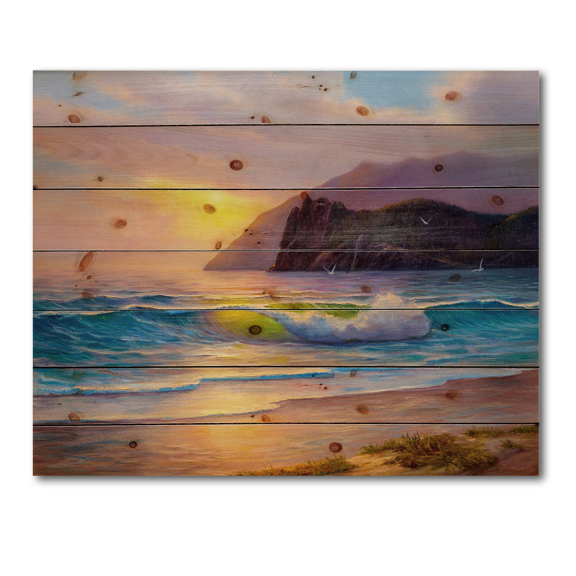 Designart 'Sunrise Glow On The Sea Waves V' Nautical & Coastal Print on Natural Pine Wood