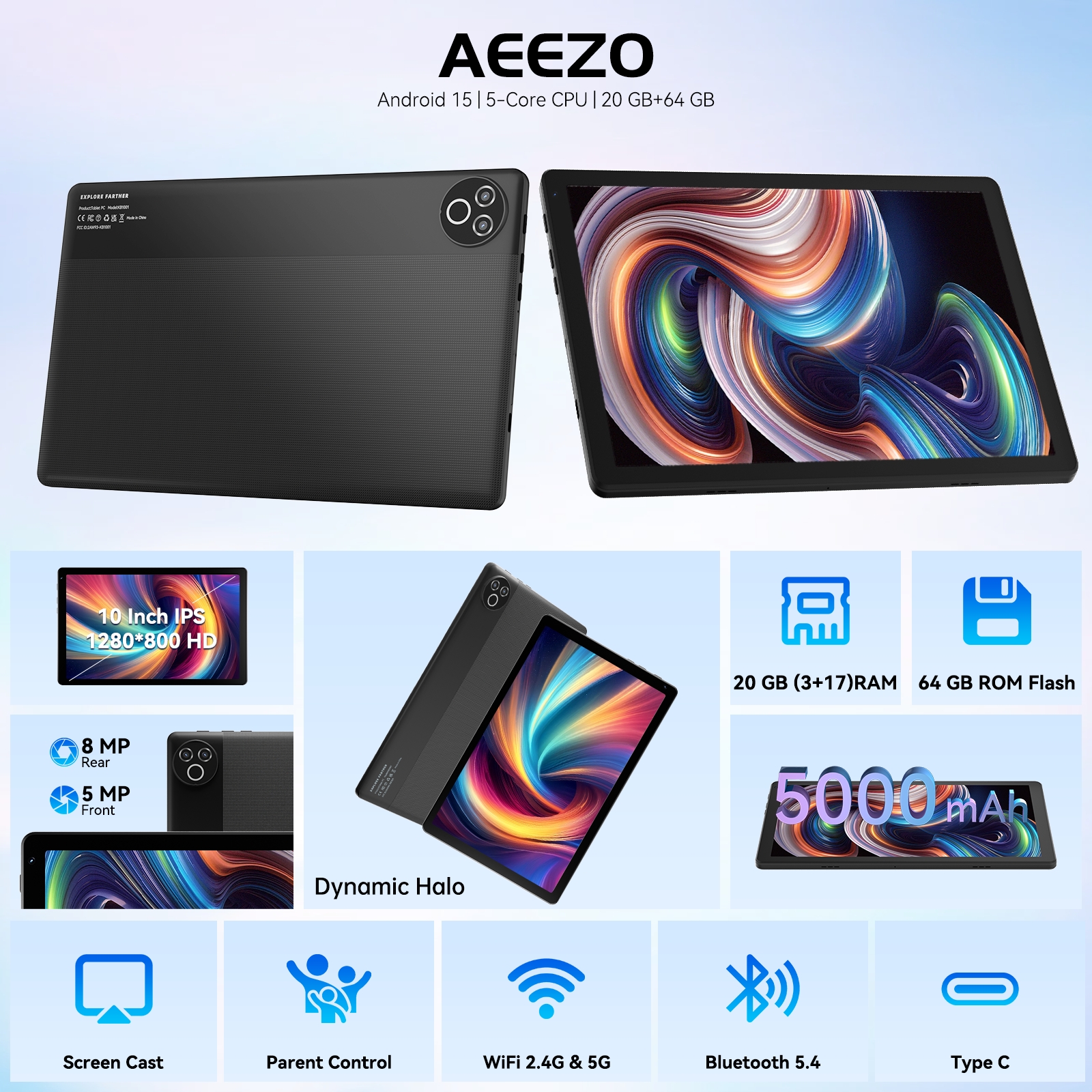 AEEZO 10.1 Inch Tablet, 20GB RAM 64GB ROM, 5-Core CPU WiFi 6, Android 15 GO, Black