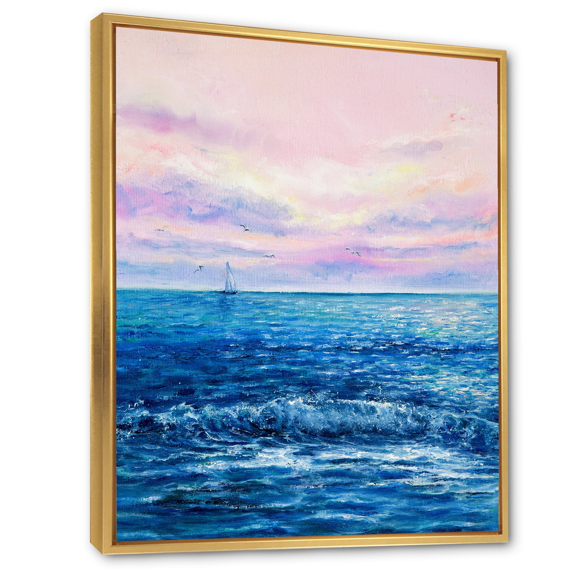 Sunrise Glow On The Ocean Waves II 12 in x 20 in Framed Painting Canvas Art Print, by Designart