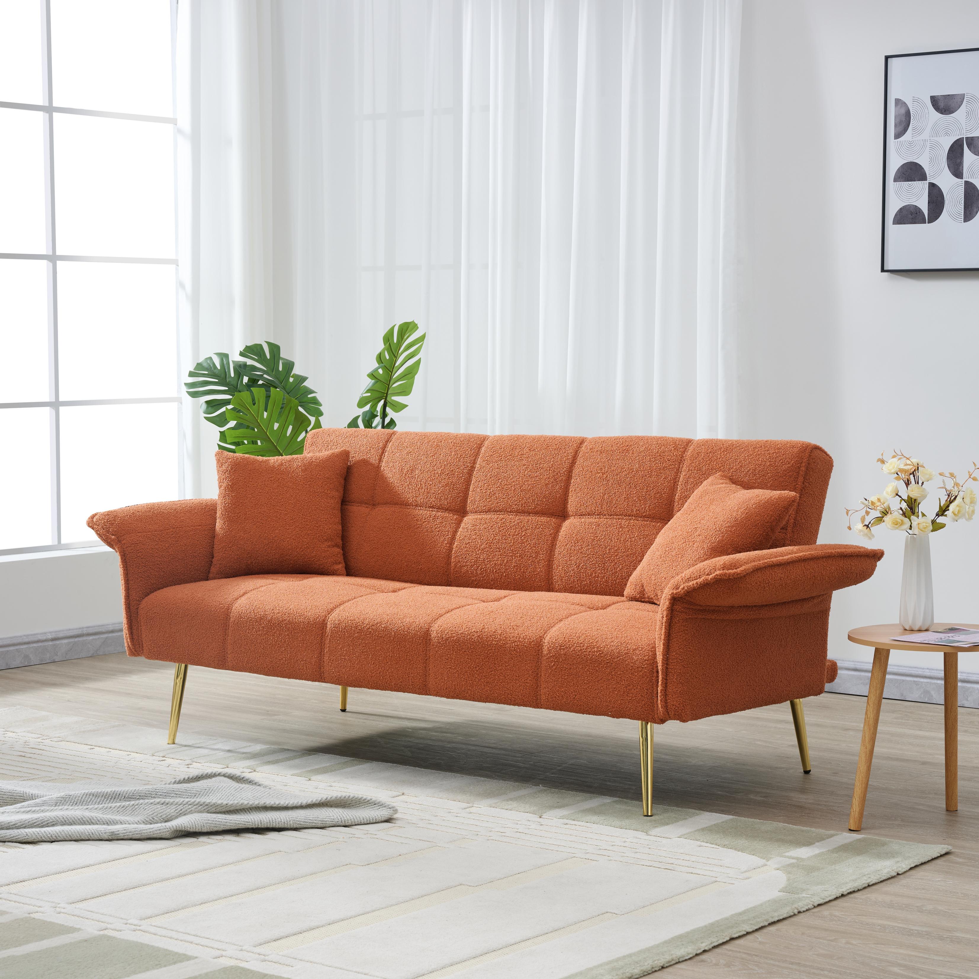 CARZZI 70" Upholstered Teddy Loveseat Sofa, Convertible Futon Sofa Couch with Adjustable Arms, Deep Seat 2 Seater Comfy Cushion Love Seat for Small Space Living Room Bedroom Apartment, Orange