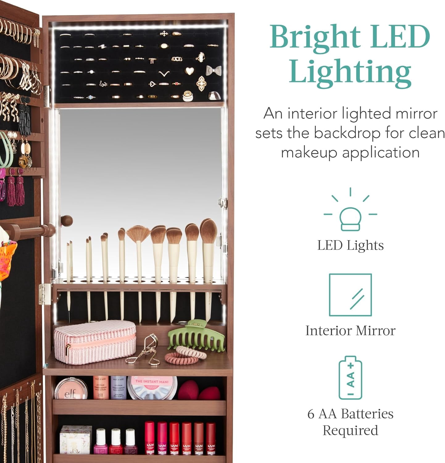 HJTER LED Mirror Jewelry Cabinet, Tall Lockable Wall or Door Mounted Jewelry Armoire Organizer with Mirror, 2 Drawers, Lock, Cosmetic Tray, Shelves - Walnut