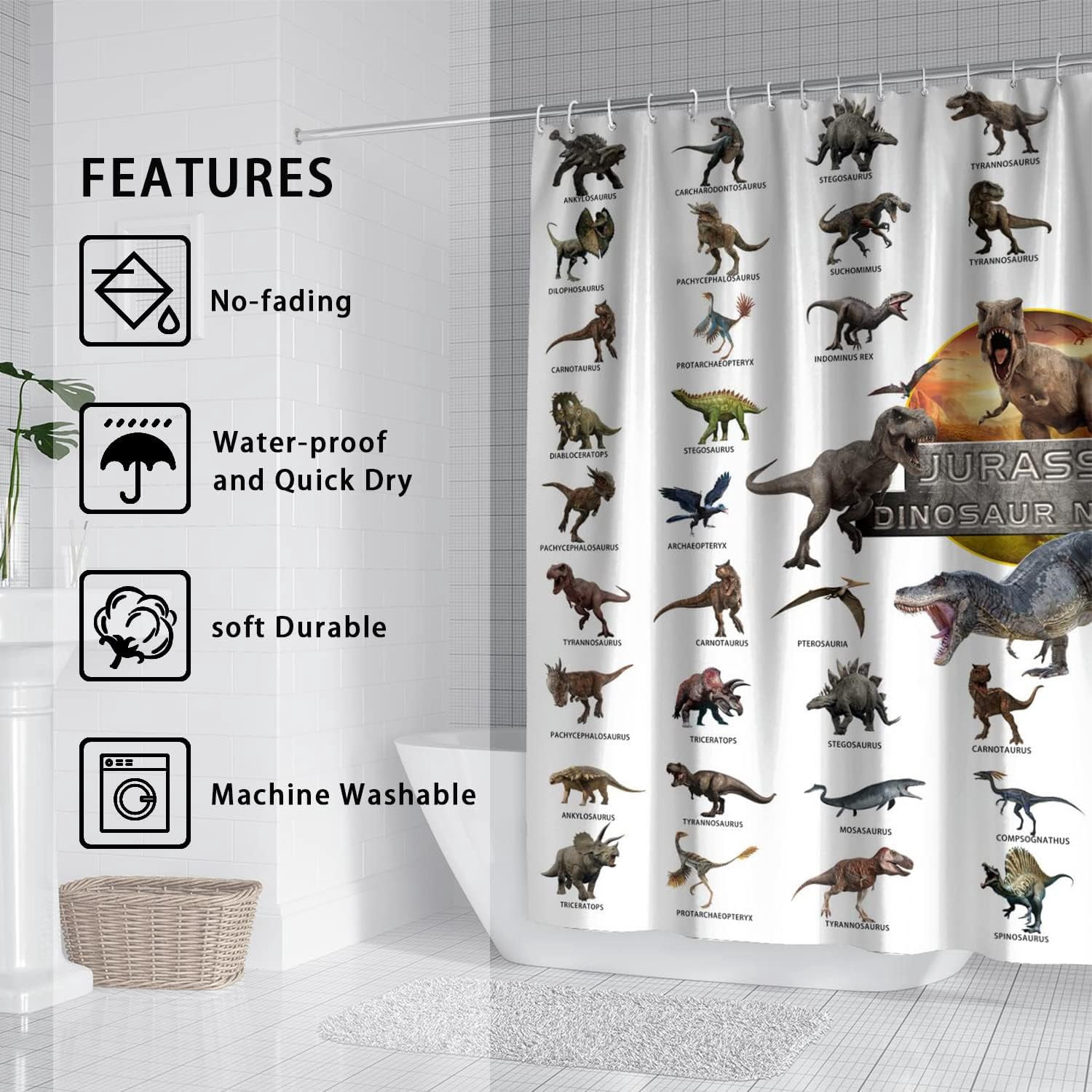 Kids Dinosaur Shower Curtain for Bathroom - Funny Jurassic Dino World Park Shower Curtain Sets Bathtub Decor with 12 Hooks Washable Durable Polyester Fabric 72"x72"