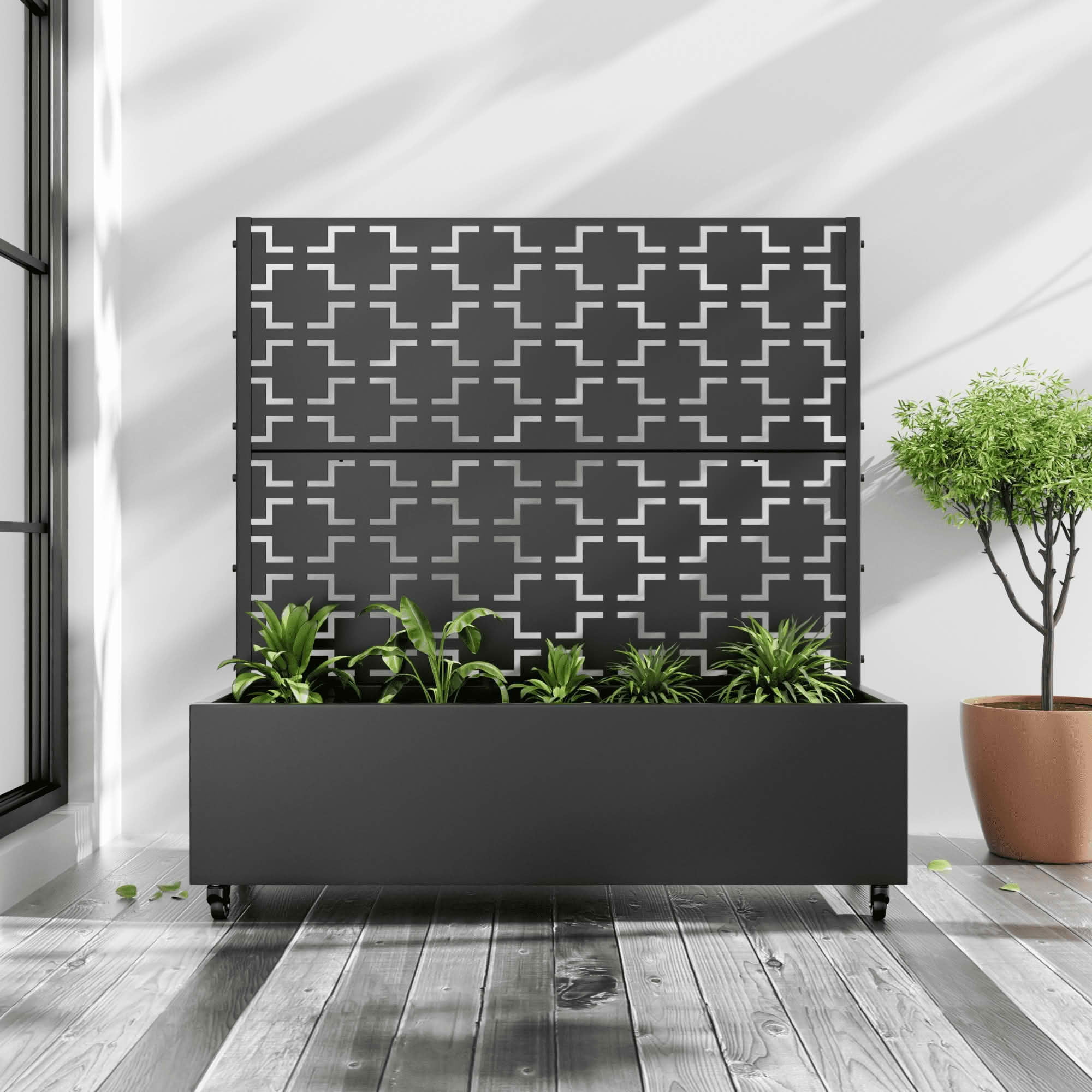 MAYEERTY 47x47x16 Inch Black Metal Planter Box with Trellis for Outdoor Garden & Patio