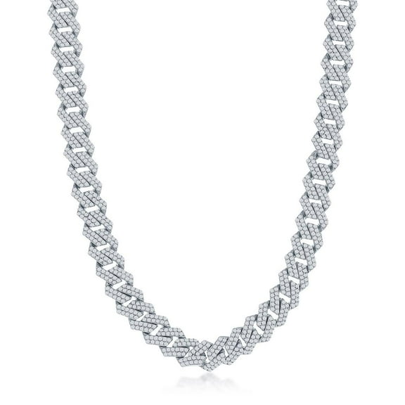 Beaux Bijoux 8.6mm Monaco Bracelet and Necklace Chain 20” with Micro Pave Simulated Diamond CZ Sterling Silver Jewelry for Men and Unisex