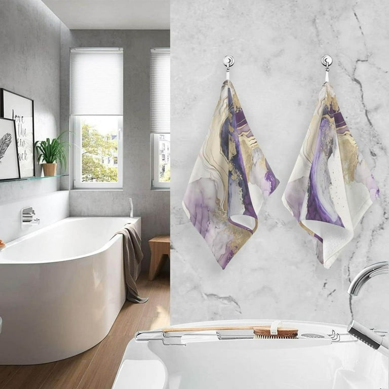 SKYSONIC Gold Purple Marble Hand Towels Set of 2 Cotton Bath