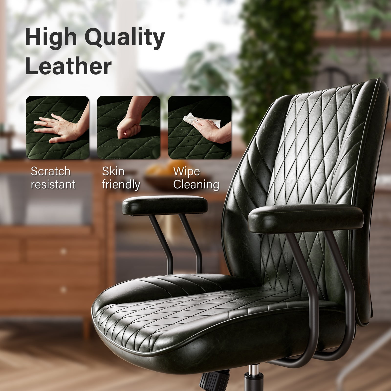 Ninecer Green Leather Office Chair with Wheels Adjustable Height Padded Arms Vintage Executive Desk Chair for Home Office