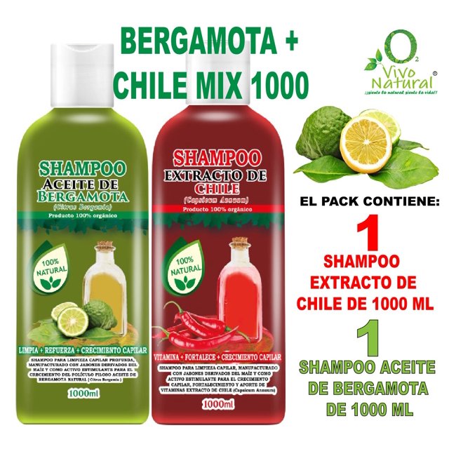 Bergamota + Chile Mix 1000 VIVONATURAL. Shampoo Aceite de Bergamota 1000 ml + Shampoo Extracto de Chile 1000 ml