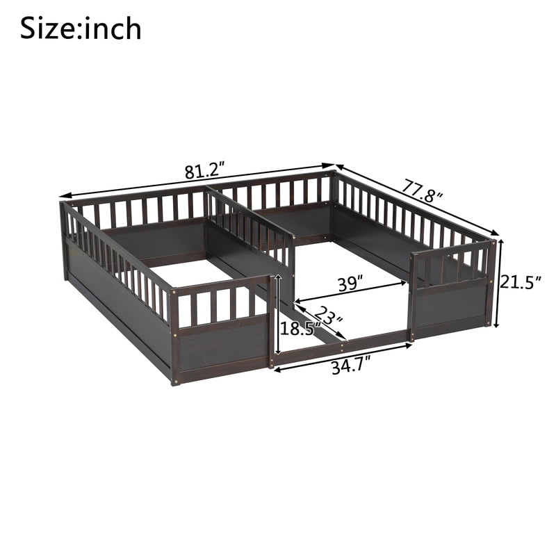 Twin Size Horizontal Floor Bunk Bed Frame with Semi-Enclosed Safety Guardrails, Wood Low Profile Kids Bed with Open Entrance