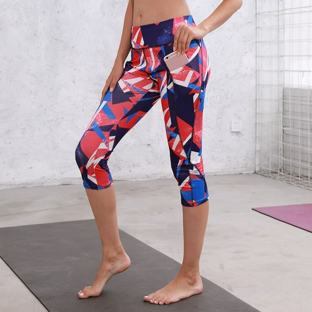 Women High Waist Pocket Print Sports Yoga Fitness Leggings Calf Length Pants  