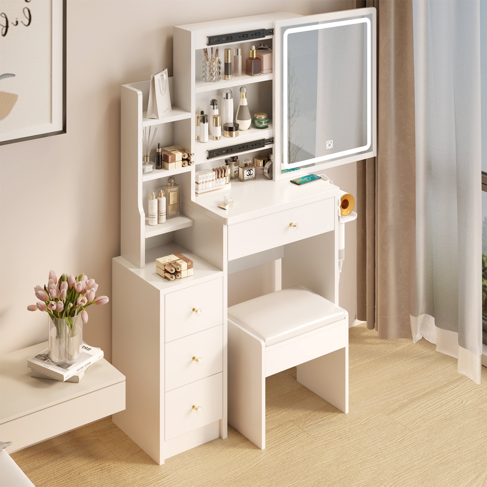 Aukfa Makeup Vanity Set Dressing Vanity Table with Lights Mirror & Power Outlet for Girls - White