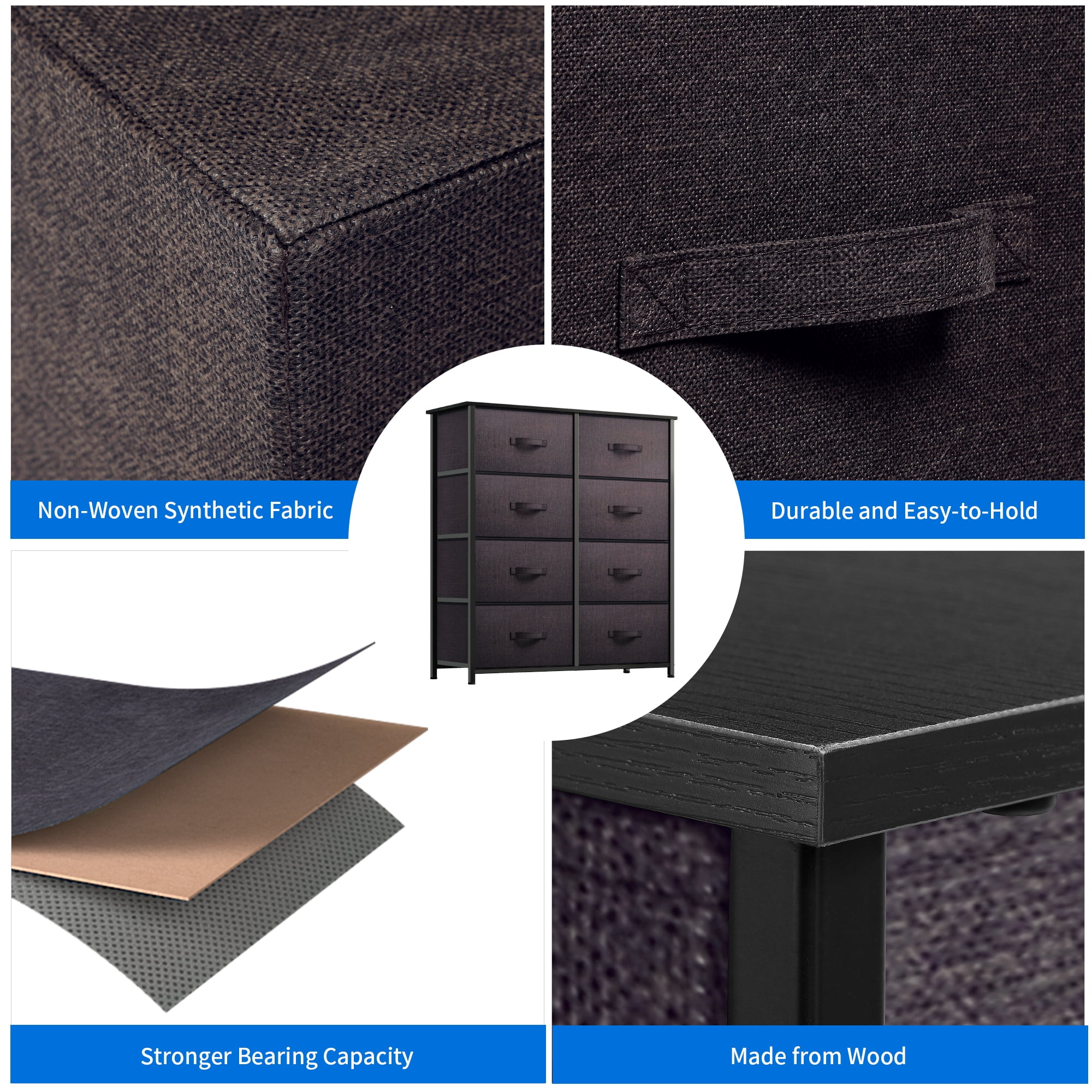 Dextrus 8 Drawers Dresser Bedroom Fabric Bins Organizer High Storage Chest Tower, Espresso Brown