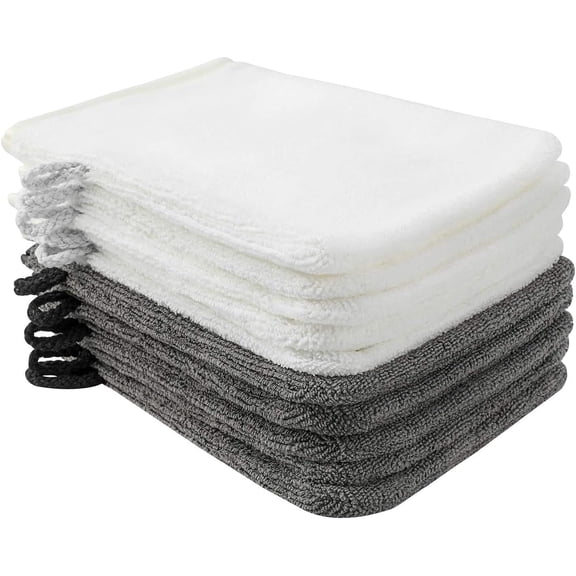 10 Pack Microfiber Body Wash Mitts, Soft Face Mitten, Bath Spa Cloth, Reusable Makeup Remover Mitt Gloves, European Style Wash Cloth, 6×8 inch, White and Grey