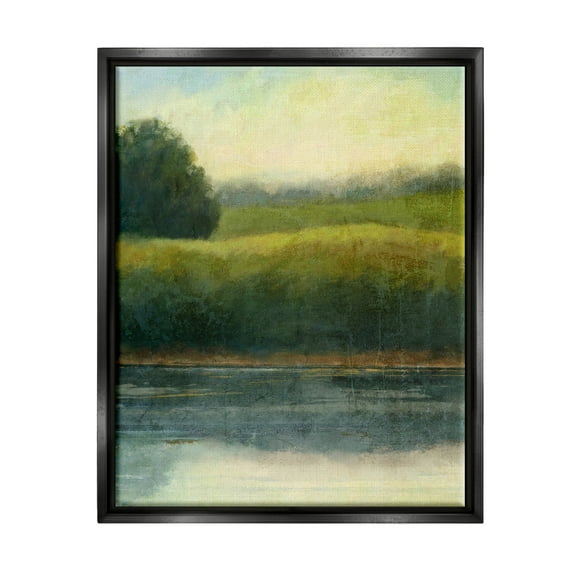 Rural Pond Grassland Nature Landscape Graphic Art Jet Black Framed Art Print Wall Art