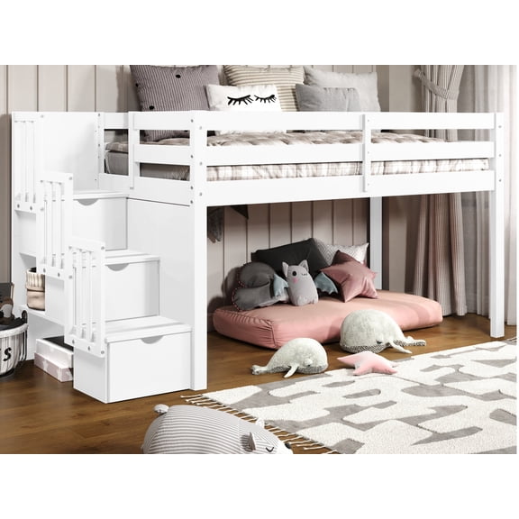 Bedz King Contemporary Low Loft Twin Bed with 3 Step-Stairway, White