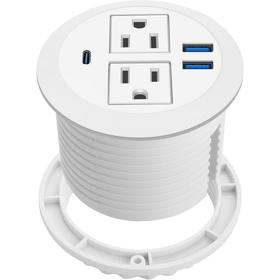2-in-1 Desktop Power Grommet with USB-C Output, 125V, 12A, 2 AC Outlets, 3 USB Charging Ports, White