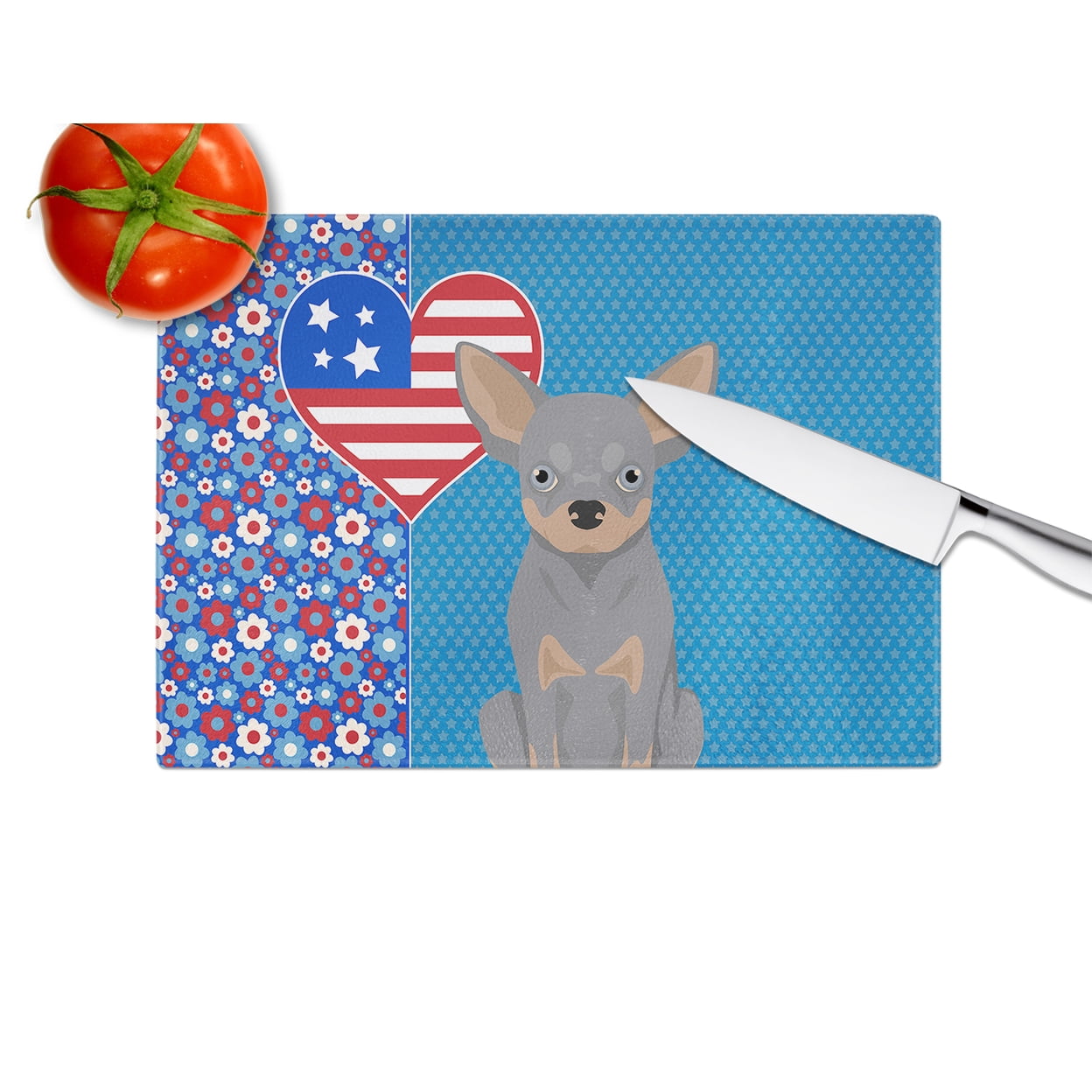 Blue and Tan Chihuahua Glass Cutting Board Large 12 in x 15 in