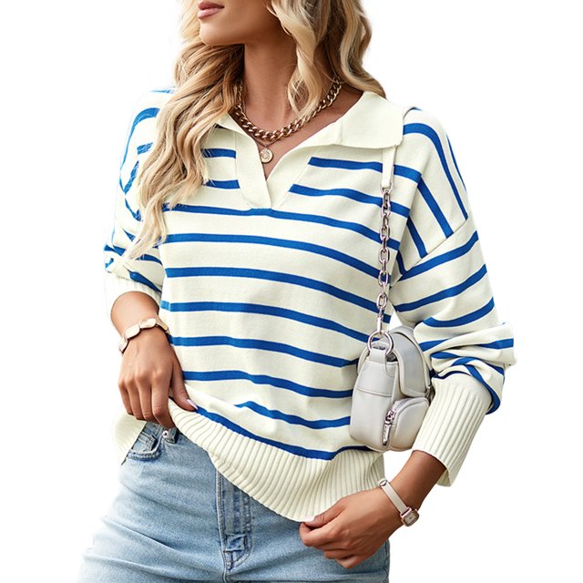 Suéter Tejido Jerseys de punto para mujer, blusa de punto informal de manga larga, suéter sencillo con cuello en V Ygjytge L Azul para Mujer