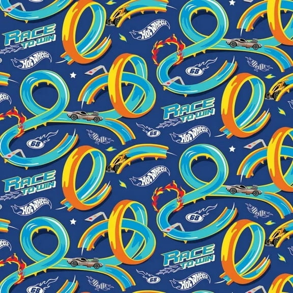 Cotton Hot Wheels Made to Race Track Racecars Navy Cotton Fabric Print by the Yard (C15302-NAVY)
