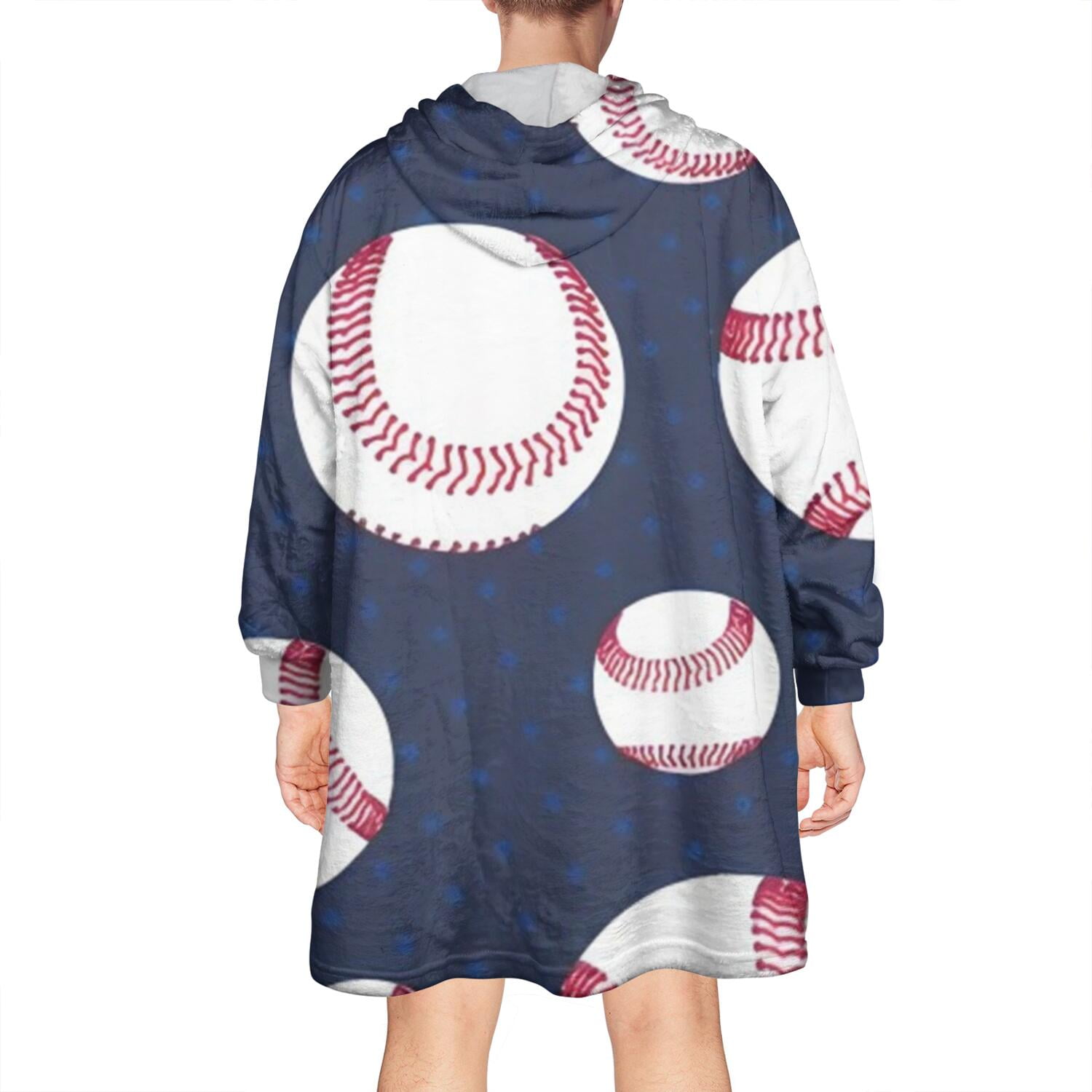 Navy Blue Baseballs Pattern Wearable Oversized Blanket,Wearable Blanket Hoodie for Adults,Cozy Hooded Blankets with Super Pockets,Super Warm Fuzzy Pullover for Women & Men