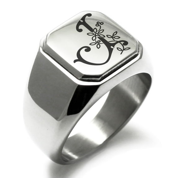 Stainless Steel Letter J Initial Floral Monogram Engraved Engraved Square Flat Top Biker Style Polished Signet Ring