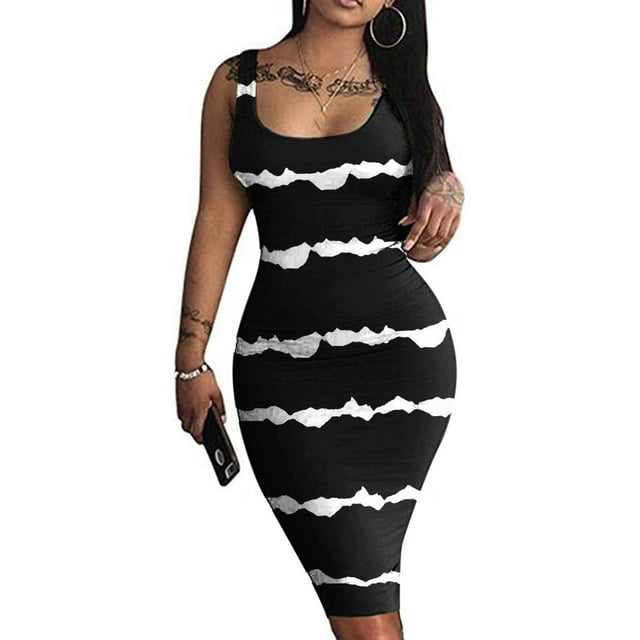 Lenago Robes Grande Taille pour Femmes 2023 Mode pour Femmes Décontractée d'Été Sans Manches à Épaules Dénudées Imprimé Robe à Col Rond Robes d'Été de Plage en Liquidation