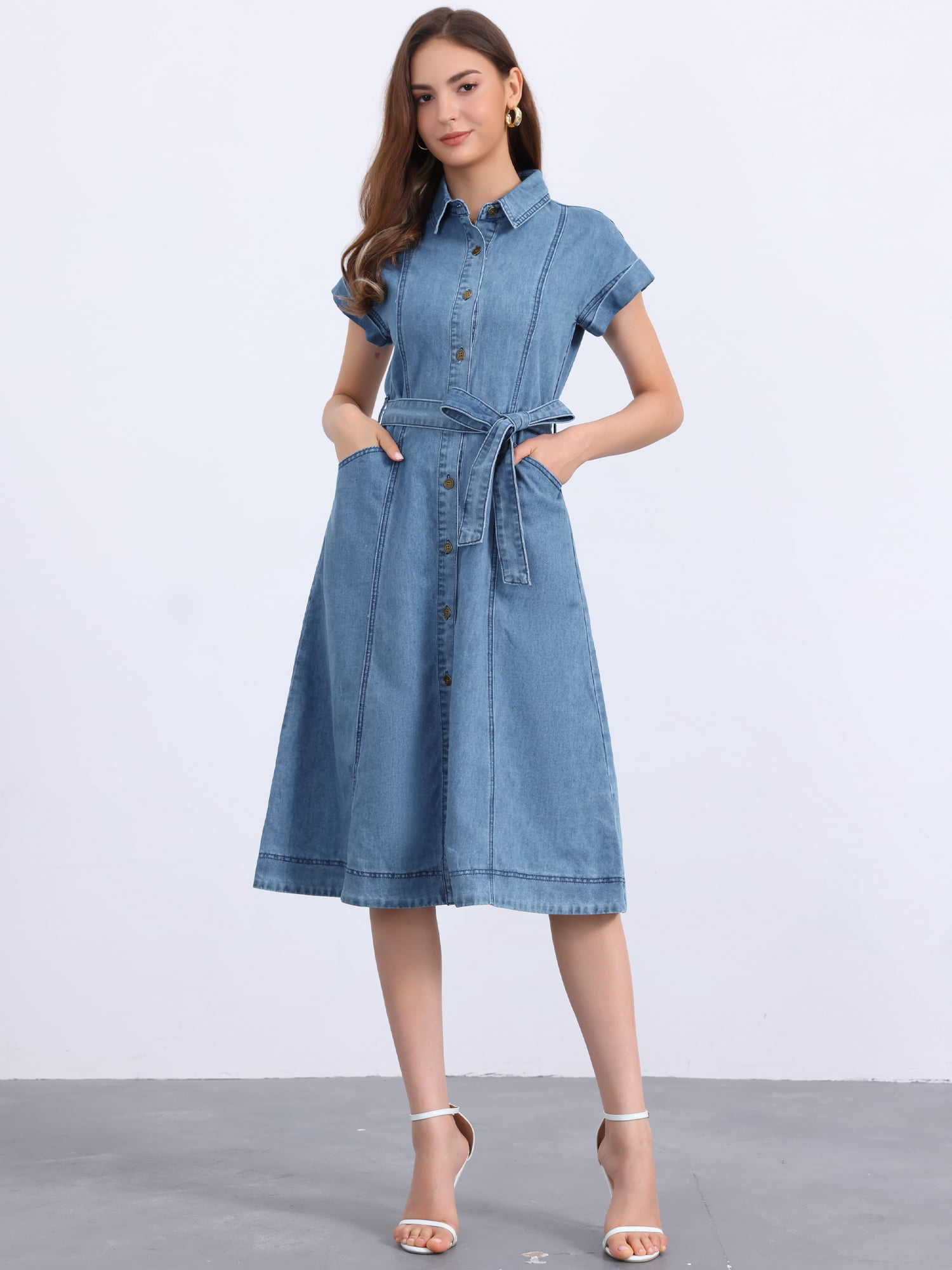 DARING DIVA Denim Shirt Button Down Short Sleeves  Dress XS Light Blue