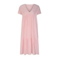 thumbnail image 4 of Elainilye Fashion Summer Dresses for Women Casual Looes V-Neck Short Sleeve Long Dress Solid Pleated Dresses,Pink, 4 of 6