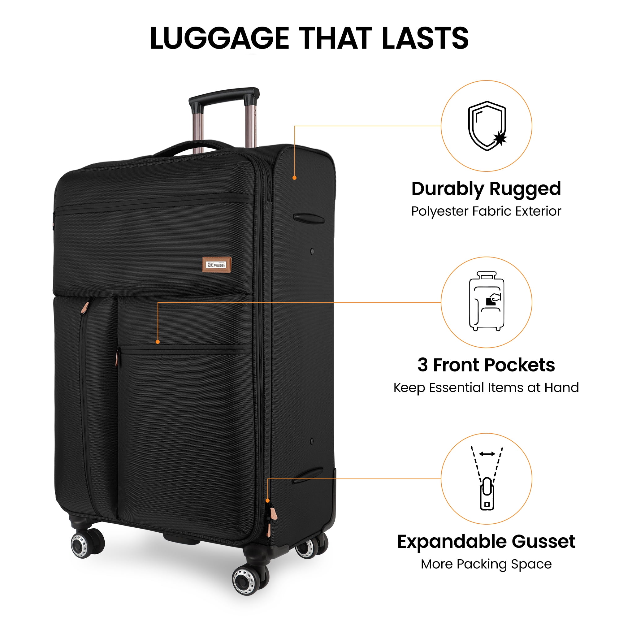 New York Xpress 2 Piece Softside Luggage Set Lightweight Expandable Spinner Suitcase with TSA Lock, 20"/26",Black - XJ1901