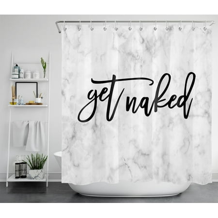 HVEST Get Naked Shower Curtains for Bathroom, Funny Quotes on Grey Marble Backdrop Abstract Art Modern Farmhouse Shower Curtain Set with 12 Hooks, Polyester Fabric Bath Accessories 72x78 Inch