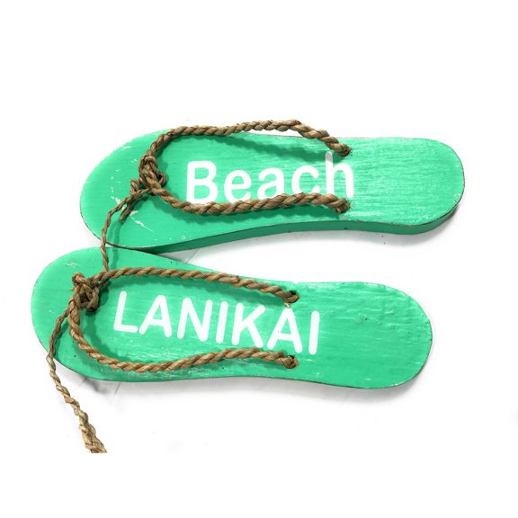 Pair Of Wooden Slippers "Lanikai Beach" Hanging Sign 8" - Mint | #snd25093