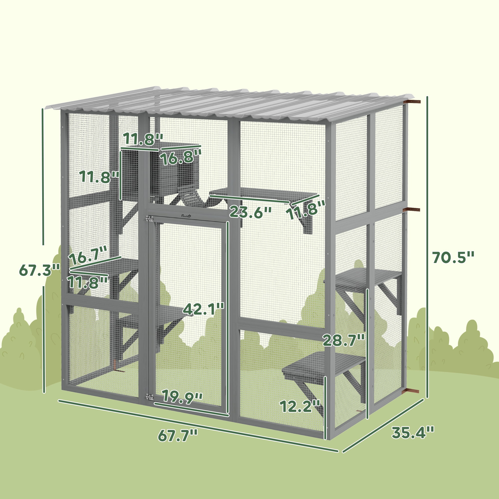 PawHut Catio, Outdoor Cat Enclosure Window Box Wooden Cat House w/ Weather Protection Roof for 2 Kitties with Resting Box, Platforms & Bridge, Gray