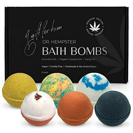 Organic Bath Bomb Gift Set For Men - 6 Pack - Gifts for Him - Natural Coconut and Hemp Bath Bombs with Essential Oils - Beautiful Gift Box for Boyfriend or Husband - Made in the USA