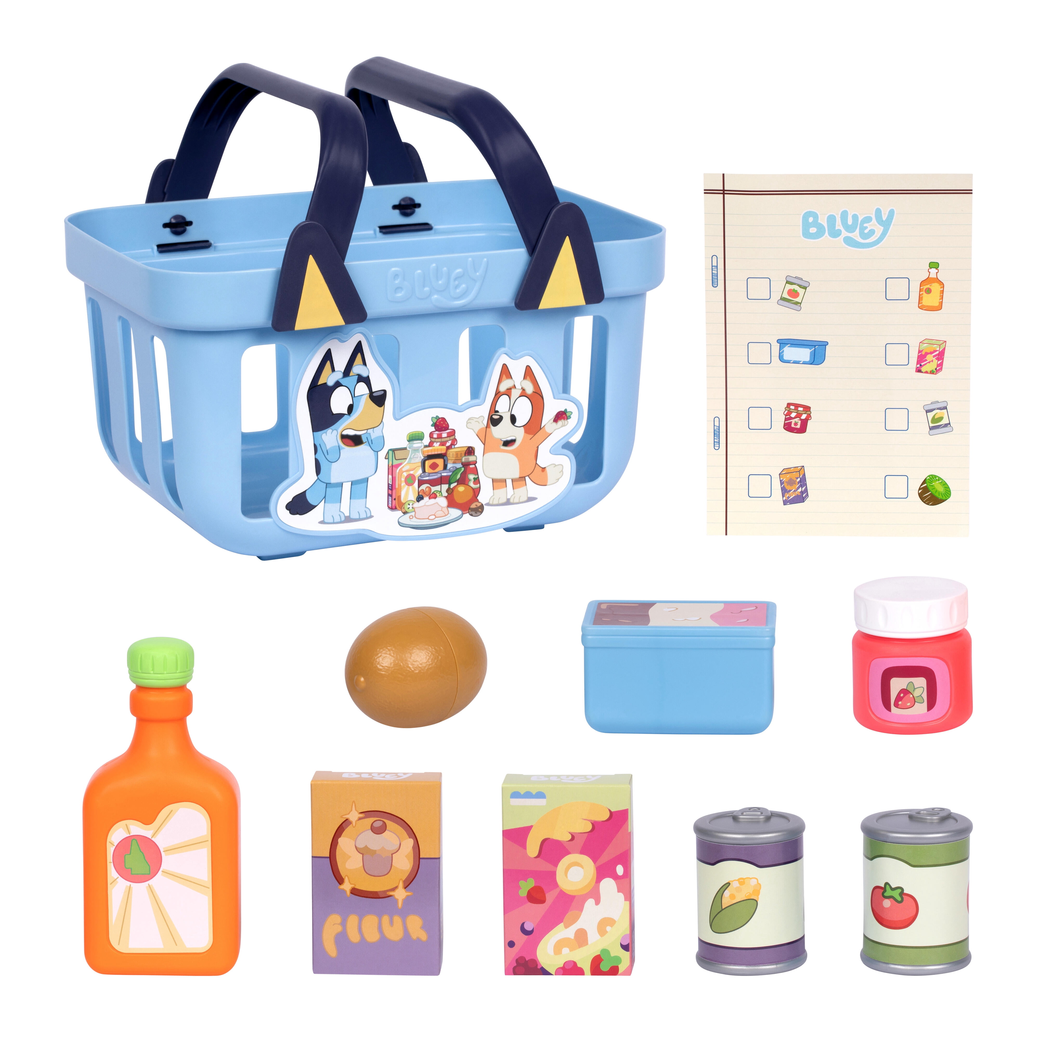 Bluey Shopping Basket, Toddler-Sized Basket Includes 9 Fun Bluey Grocery Accessories & Shopping List, Featuring Folding Handles, Ages 3+