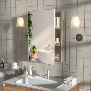 Medicine Cabinet with Mirror, Bathroom Wall Mount Storage Cabinets, Aluminum Cabinet Organizer with Shelves, White