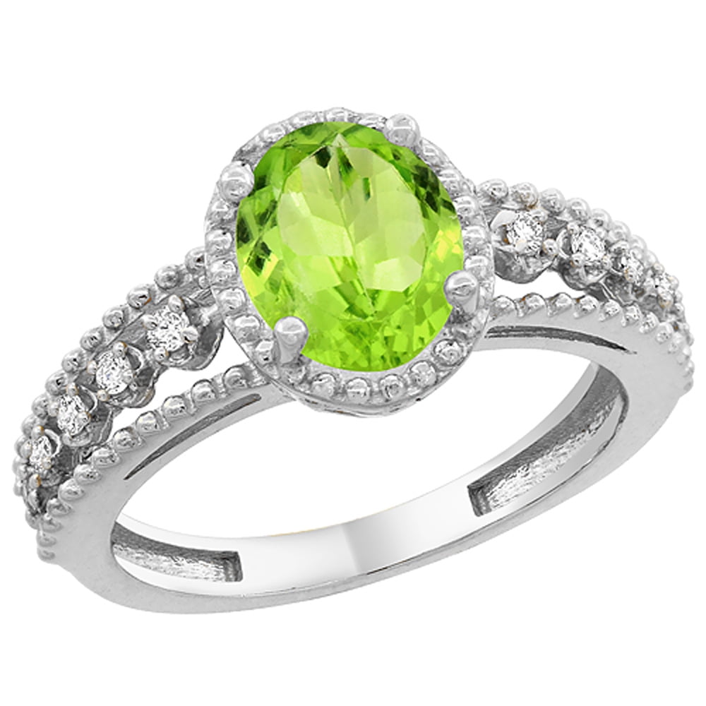 10K White Gold Natural Peridot Ring Oval 9x7 mm Floating Diamond Accents, sizes 5 10 by WorldJewels