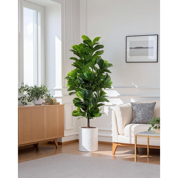 Artificial 6FT Fiddle Leaf Fig Tree, Faux Ficus Lyrata with 184 Decorative Leaves, Plastic Potted Fake Tree for Home, Office, Living Room, Indoor Outdoor Decor