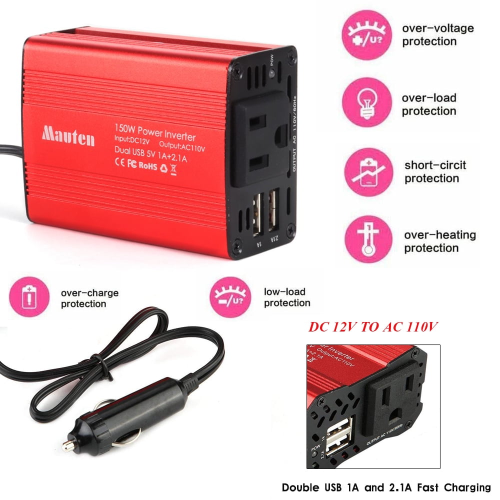 Foval 150W Power Inverter DC 12V to 110V AC Converter with 3.1A Dual USB Car Charger 