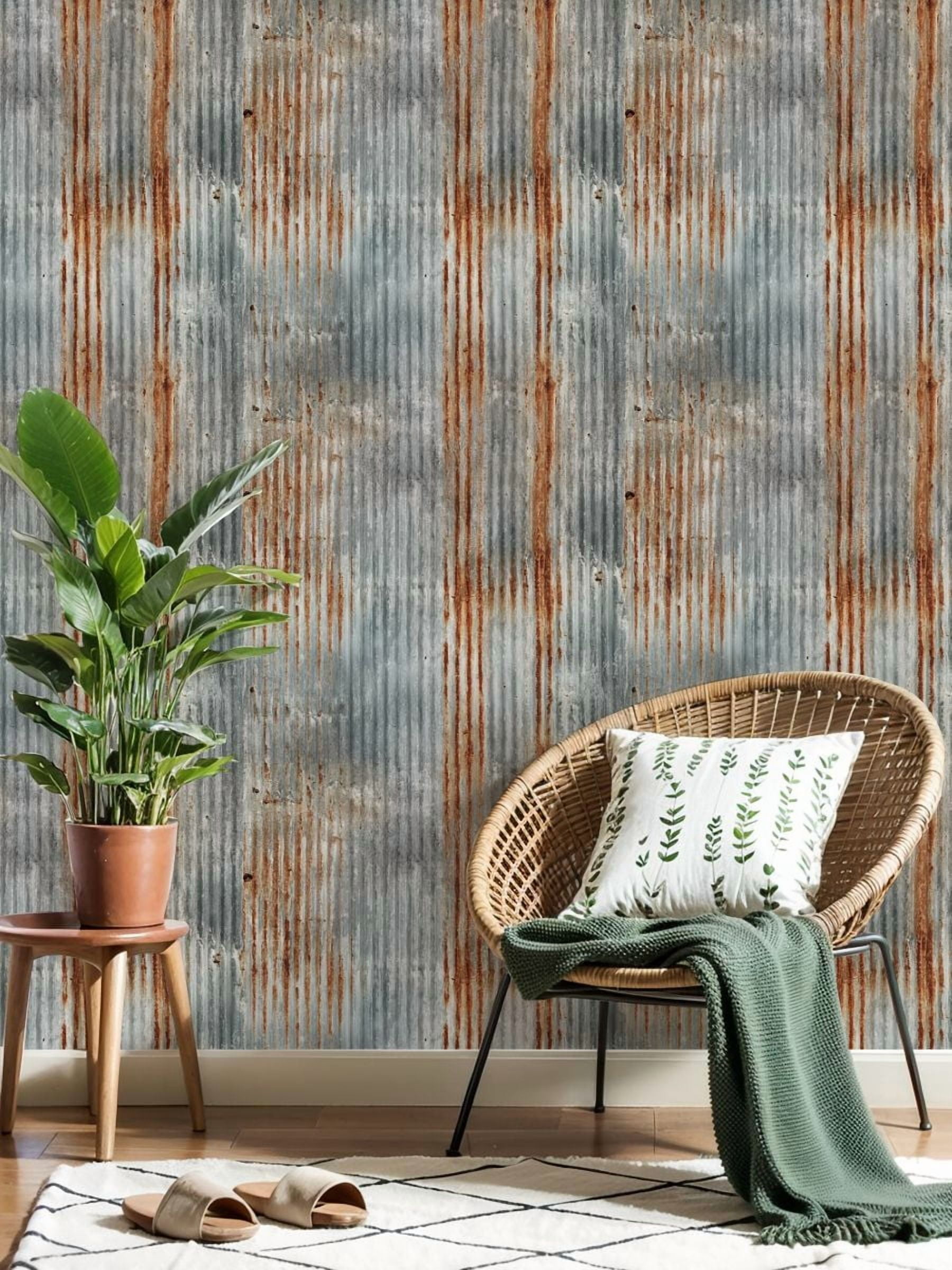 Modern Industrial Rusty Corrugated Metal Texture Vertical Ridges Weathered Wall Mural 17.7in x 9.8ft Self Adhesive Removable Wall Paper Renter Friendly Wallpaper for Bedroom Cabinets