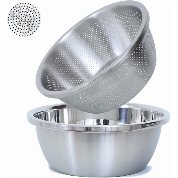 Xuet 304 Stainless Steel Colander & Mixing Bowl Set, 2QT 2-Piece Kitchen Strainer