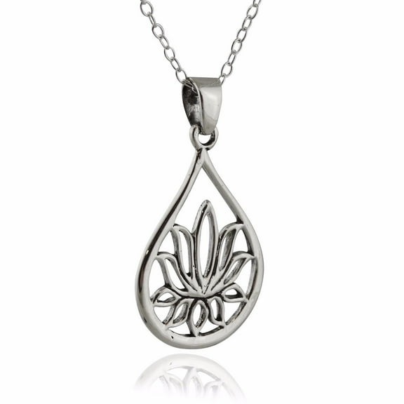 Sterling Silver Teardrop Lotus Flower Necklace, 18" Chain