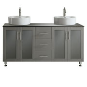 Tuscany 60" Double Vanity in Grey with White Vessel Sink with Glass Countertop without Mirror